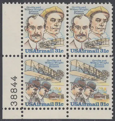 USA Michel 1362-1363 / Scott C091-C092 postfrisch PLATEBLOCK ECKRAND unten links m/ Platten-# 38844 - 75. Jahrestag des ersten Motorfluges der Brüder Wright; Orville und Wilbur Wright, Flugzeugtechniker; ihr Doppeldecker von 1903