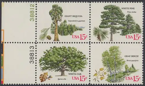 USA Michel 1364-1367 / Scott 1764-1767 postfrisch BLOCK RÄNDER links m/ Platten-# 38810 - Jahrestagung des Verbands amerikanischer Förster: Bäume