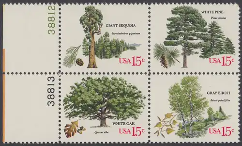 USA Michel 1364-1367 / Scott 1764-1767 postfrisch BLOCK RÄNDER links m/ Platten-# 38808 - Jahrestagung des Verbands amerikanischer Förster: Bäume