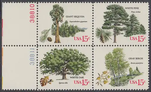 USA Michel 1364-1367 / Scott 1764-1767 postfrisch BLOCK RÄNDER links m/ Platten-# 38812 - Jahrestagung des Verbands amerikanischer Förster: Bäume