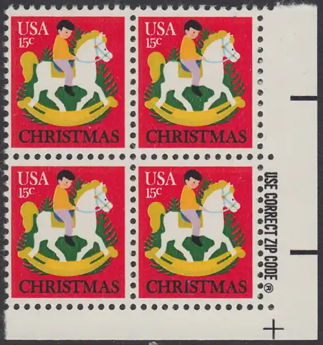 USA Michel 1369 / Scott 1769 postfrisch ZIP-BLOCK (lr) - Weihnachten: Kind auf Schaukelpferd, Christbäume