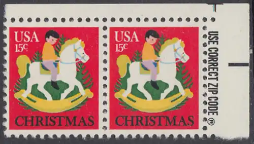 USA Michel 1369 / Scott 1769 postfrisch horiz.PAAR ECKRAND oben rechts m/ ZIP-Emblem - Weihnachten: Kind auf Schaukelpferd, Christbäume