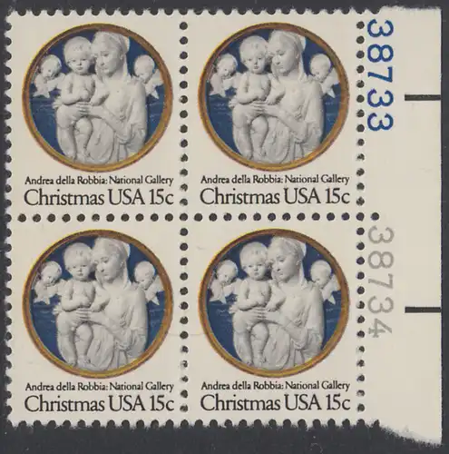 USA Michel 1368 / Scott 1768 postfrisch BLOCK RÄNDER rechts m/ Platten-# 38733 - Weihnachten: Madonna und Kind