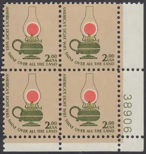 USA Michel 1370 / Scott 1611 postfrisch PLATEBLOCK ECKRAND unten rechts m/ Platten-# 38906 - Americana-Ausgabe: Kerosinlampe