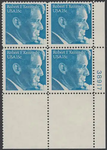 USA Michel 1371 / Scott 1770 PLATEBLOCK ECKRAND unten rechts m/ Platten-# 38917 - Robert Francis Kennedy, Politiker
