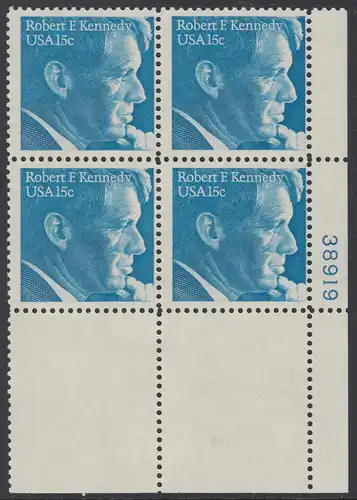 USA Michel 1371 / Scott 1770 PLATEBLOCK ECKRAND unten rechts m/ Platten-# 38919 - Robert Francis Kennedy, Politiker
