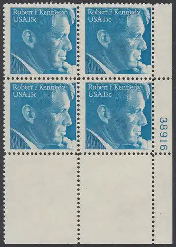 USA Michel 1371 / Scott 1770 PLATEBLOCK ECKRAND unten rechts m/ Platten-# 38916 (b) - Robert Francis Kennedy, Politiker
