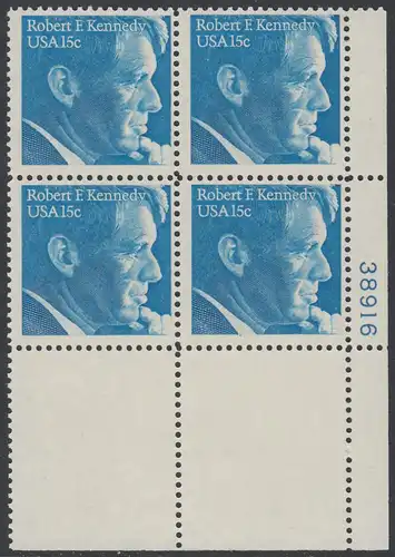 USA Michel 1371 / Scott 1770 PLATEBLOCK ECKRAND unten rechts m/ Platten-# 38916 (a) - Robert Francis Kennedy, Politiker
