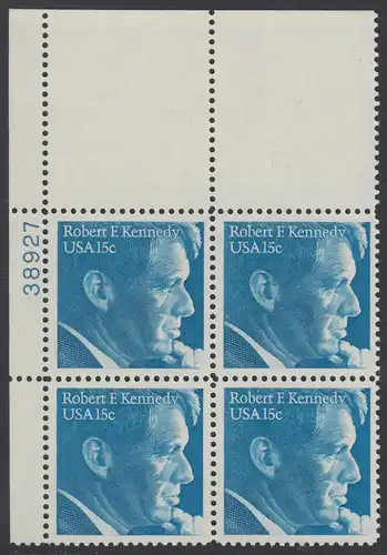 USA Michel 1371 / Scott 1770 PLATEBLOCK ECKRAND oben links m/ Platten-# 38927 - Robert Francis Kennedy, Politiker
