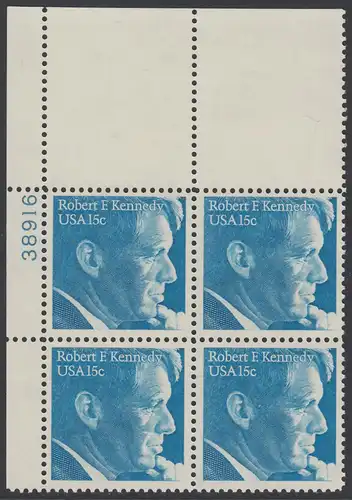 USA Michel 1371 / Scott 1770 PLATEBLOCK ECKRAND oben links m/ Platten-# 38916 - Robert Francis Kennedy, Politiker
