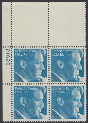 USA Michel 1371 / Scott 1770 PLATEBLOCK ECKRAND oben links m/ Platten-# 38918 (a) - Robert Francis Kennedy, Politiker
