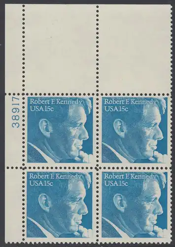 USA Michel 1371 / Scott 1770 PLATEBLOCK ECKRAND oben links m/ Platten-# 38917 - Robert Francis Kennedy, Politiker
