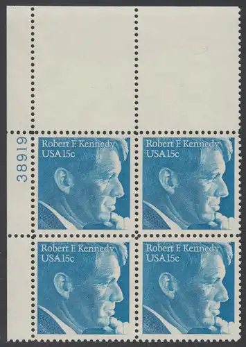 USA Michel 1371 / Scott 1770 PLATEBLOCK ECKRAND oben links m/ Platten-# 38919 (a) - Robert Francis Kennedy, Politiker
