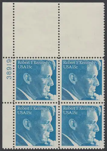 USA Michel 1371 / Scott 1770 PLATEBLOCK ECKRAND oben links m/ Platten-# 38919 (c) - Robert Francis Kennedy, Politiker
