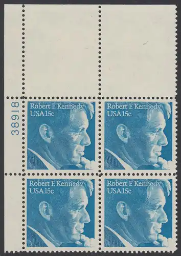 USA Michel 1371 / Scott 1770 PLATEBLOCK ECKRAND oben links m/ Platten-# 38918 (b) - Robert Francis Kennedy, Politiker
