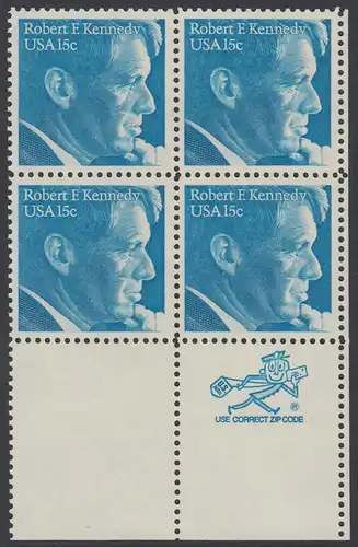 USA Michel 1371 / Scott 1770 ZIP-BLOCK (lr) - Robert Francis Kennedy, Politiker