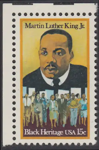 USA Michel 1372 / Scott 1771 postfrisch EINZELMARKE ECKRAND oben links - Schwarzamerikanisches Erbe: Martin Luther King jr. (1929-1968), Baptistenpfarrer und Bürgerrechtskämpfer, Friedensnobelpreis 1964