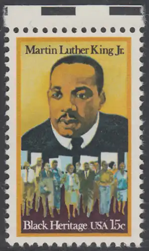 USA Michel 1372 / Scott 1771 postfrisch EINZELMARKE RAND oben (a1) - Schwarzamerikanisches Erbe: Martin Luther King jr. (1929-1968), Baptistenpfarrer und Bürgerrechtskämpfer, Friedensnobelpreis 1964