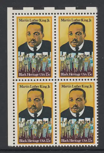 USA Michel 1372 / Scott 1771 postfrisch BLOCK ECKRAND oben links - Schwarzamerikanisches Erbe: Martin Luther King jr. (1929-1968), Baptistenpfarrer und Bürgerrechtskämpfer, Friedensnobelpreis 1964