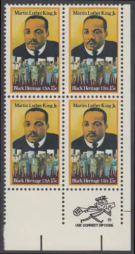 USA Michel 1372 / Scott 1771 postfrisch ZIP-BLOCK (lr) - Schwarzamerikanisches Erbe: Martin Luther King jr. (1929-1968), Baptistenpfarrer und Bürgerrechtskämpfer, Friedensnobelpreis 1964