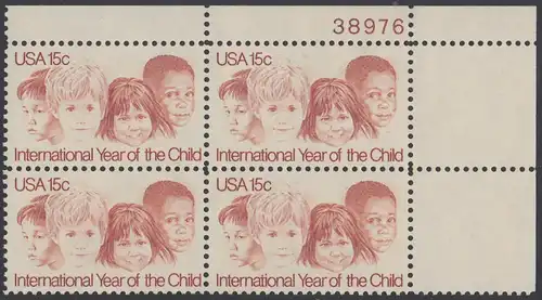 USA Michel 1373 / Scott 1772 postfrisch PLATEBLOCK ECKRAND oben rechts m/ Platten-# 38976 - Internationales Jahr des Kindes