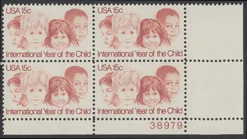 USA Michel 1373 / Scott 1772 postfrisch PLATEBLOCK ECKRAND unten rechts m/ Platten-# 38979 - Internationales Jahr des Kindes