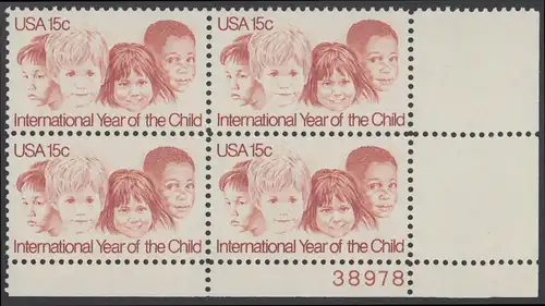 USA Michel 1373 / Scott 1772 postfrisch PLATEBLOCK ECKRAND unten rechts m/ Platten-# 38978 - Internationales Jahr des Kindes
