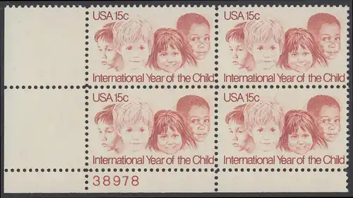 USA Michel 1373 / Scott 1772 postfrisch PLATEBLOCK ECKRAND unten links m/ Platten-# 38978 - Internationales Jahr des Kindes