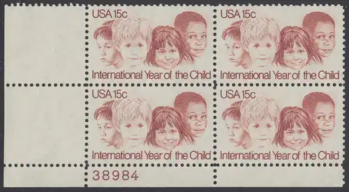 USA Michel 1373 / Scott 1772 postfrisch PLATEBLOCK ECKRAND unten links m/ Platten-# 38984 - Internationales Jahr des Kindes