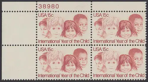 USA Michel 1373 / Scott 1772 postfrisch PLATEBLOCK ECKRAND oben links m/ Platten-# 38980 - Internationales Jahr des Kindes