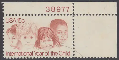 USA Michel 1373 / Scott 1772 postfrisch EINZELMARKE ECKRAND oben rechts m/ Platten-# 38977 - Internationales Jahr des Kindes