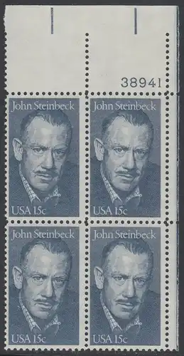 USA Michel 1374 / Scott 1773 postfrisch PLATEBLOCK ECKRAND oben rechts m/ Platten-# 38941 - John Steinbeck (1902-1968), Romanschriftsteller