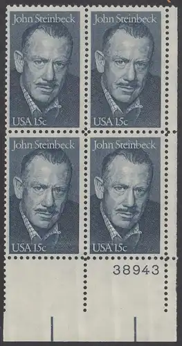 USA Michel 1374 / Scott 1773 postfrisch PLATEBLOCK ECKRAND unten rechts m/ Platten-# 38943 (b) - John Steinbeck (1902-1968), Romanschriftsteller