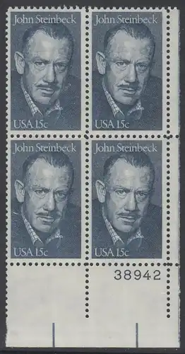 USA Michel 1374 / Scott 1773 postfrisch PLATEBLOCK ECKRAND unten rechts m/ Platten-# 38942 - John Steinbeck (1902-1968), Romanschriftsteller
