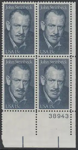 USA Michel 1374 / Scott 1773 postfrisch PLATEBLOCK ECKRAND unten rechts m/ Platten-# 38943 (a) - John Steinbeck (1902-1968), Romanschriftsteller