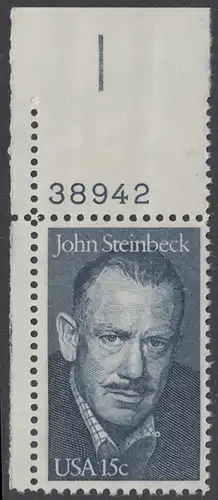USA Michel 1374 / Scott 1773 postfrisch EINZELMARKE ECKRAND oben links m/ Platten-# 38942 - John Steinbeck (1902-1968), Romanschriftsteller