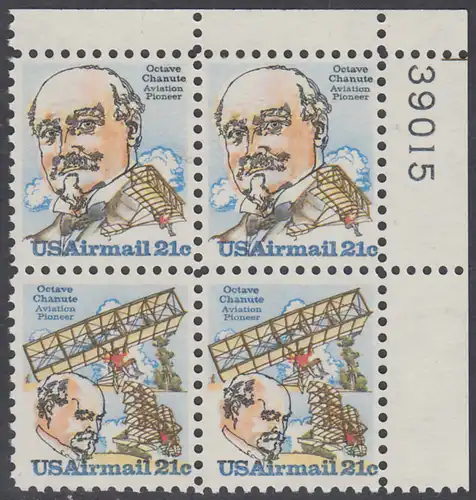 USA Michel 1376-1377 / Scott C093-C094 postfrisch PLATEBLOCK ECKRAND oben rechts m/ Platten-# 39015 - Octave Chanute, französischer Flugpionier / Chanutes selbstgebauter Gleitflieger