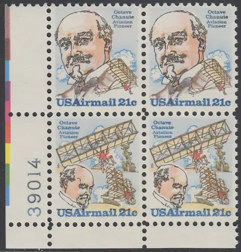 USA Michel 1376-1377 / Scott C093-C094 postfrisch PLATEBLOCK ECKRAND unten links m/ Platten-# 39014 - Octave Chanute, französischer Flugpionier / Chanutes selbstgebauter Gleitflieger