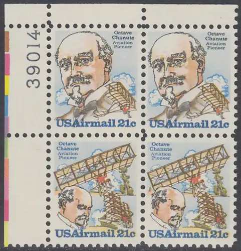 USA Michel 1376-1377 / Scott C093-C094 postfrisch PLATEBLOCK ECKRAND oben links m/ Platten-# 39014 - Octave Chanute, französischer Flugpionier / Chanutes selbstgebauter Gleitflieger