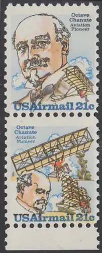 USA Michel 1376-1377 / Scott C093-C094 postfrisch vert.PAAR RAND unten - Octave Chanute, französischer Flugpionier / Chanutes selbstgebauter Gleitflieger