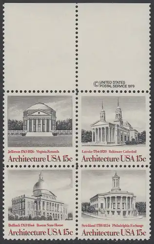 USA Michel 1382-1385 / Scott 1779-1782 postfrisch BLOCK RÄNDER oben m/ copyright symbol - Amerikanische Architektur