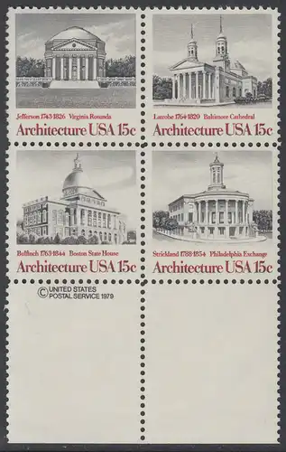USA Michel 1382-1385 / Scott 1779-1782 postfrisch BLOCK RÄNDER unten m/ copyright symbol - Amerikanische Architektur