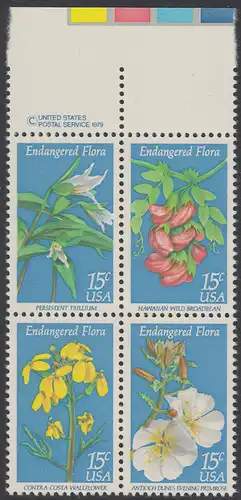 USA Michel 1386-1389 / Scott 1783-1786 postfrisch BLOCK RÄNDER oben m/ copyright symbol - Naturschutz: Blumen
