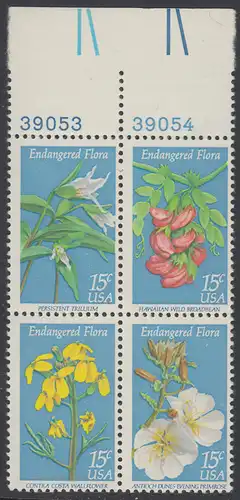USA Michel 1386-1389 / Scott 1783-1786 postfrisch BLOCK RÄNDER oben m/ Platten-# 39053 - Naturschutz: Blumen