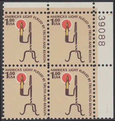 USA Michel 1391 / Scott 1610 postfrisch PLATEBLOCK ECKRAND oben rechts m/ Platten-# 69088 - Americana-Ausgabe: Kerzenhalter aus der Pionierzeit