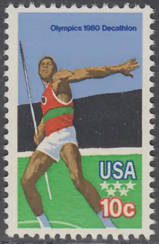 USA Michel 1395 / Scott 1790 postfrisch EINZELMARKE - Olympische Sommerspiele 1980, Moskau: Zehnkampf, Speerwurf