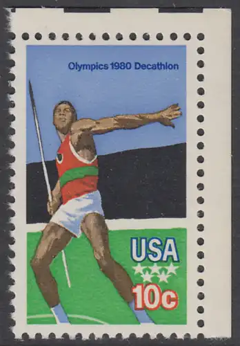 USA Michel 1395 / Scott 1790 postfrisch EINZELMARKE ECKRAND oben rechts - Olympische Sommerspiele 1980, Moskau: Zehnkampf, Speerwurf