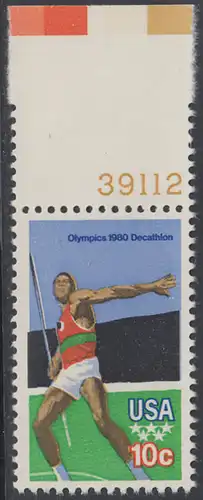 USA Michel 1395 / Scott 1790 postfrisch EINZELMARKE RAND oben m/ Platten-# 39112 - Olympische Sommerspiele 1980, Moskau: Zehnkampf, Speerwurf