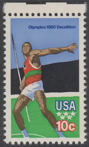 USA Michel 1395 / Scott 1790 postfrisch EINZELMARKE RAND oben - Olympische Sommerspiele 1980, Moskau: Zehnkampf, Speerwurf