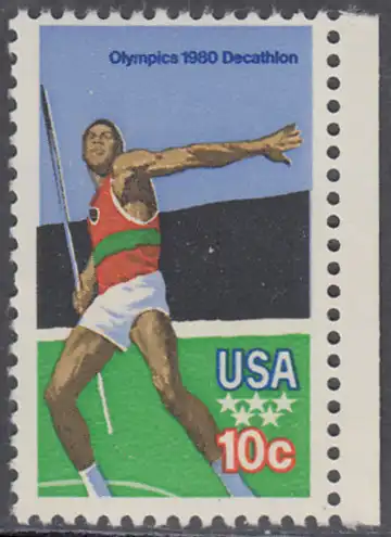 USA Michel 1395 / Scott 1790 postfrisch EINZELMARKE RAND rechts - Olympische Sommerspiele 1980, Moskau: Zehnkampf, Speerwurf